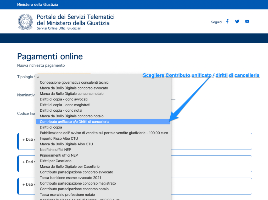 Come si paga il contributo unificato, step 2